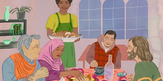 Illustration med människor som äter runt ett bord.